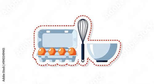 Open egg carton with whisk and bowl for cooking preparation  
