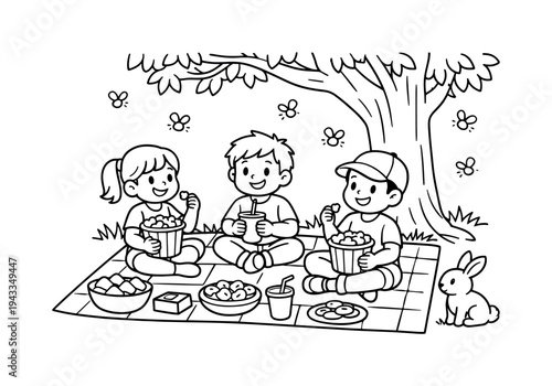 Movie picnic scene with kids on a blanket under a tree, popcorn buckets and snacks scattered, fireflies and a small bunny