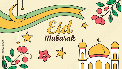 Eid Mubarak vector illustration with mosque and crescent moon
