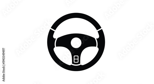 A black silhouette of a car steering wheel against white background