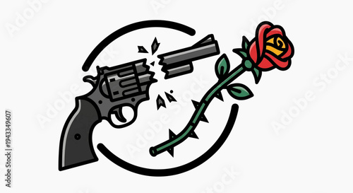 A gun shoots a rose with a smiley face in a circular motion.