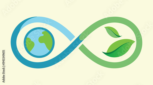 Sustainable Future Concept: Infinity Loop Symbolizing Earth and Green Leaves for Environmental Awareness and Renewable Energy Solutions