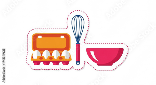 Open egg carton with whisk and bowl for cooking preparation  