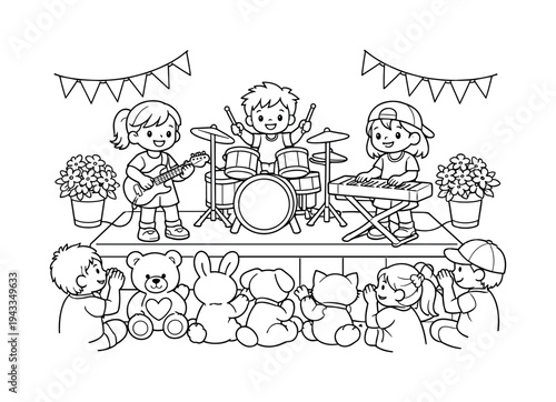 Kids’ rock band on a small stage with drums, guitar, and keyboard, audience of stuffed animals and friends clapping, banners and