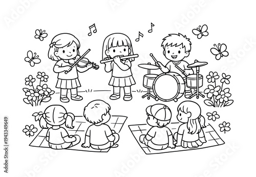 Outdoor music band with children playing violin, flute, and drum, picnic blankets with friends watching, butterflies and flowers