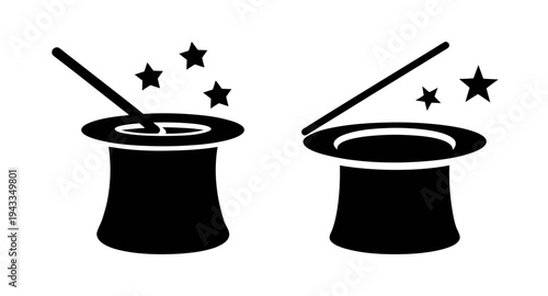 Magic trick illustration: vector graphic of magician hat and wand with star effects design