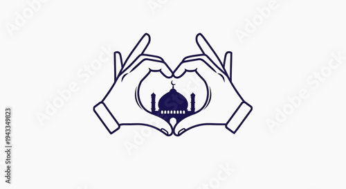 Hands forming heart shape around mosque illustration