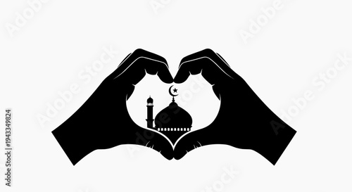 Hands form heart shape around mosque silhouette at sunset