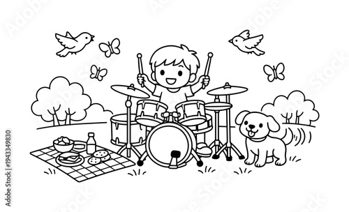 Drum set scene at a park with a child drumming, butterflies and birds flying, picnic blanket with snacks nearby, a dog wagging