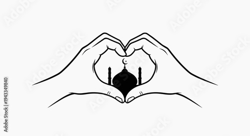 Hands form a heart shape around a mosque illustration