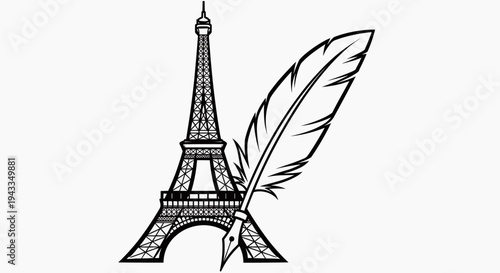 Eiffel Tower illustration features a large feather quill in Parisian landscape