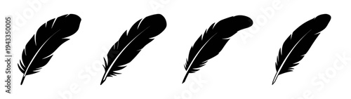 Black feather illustration set vector, quill pen, bird feather, ink feather, feather art vector