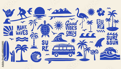 Beach scene with surfboard, van, palm trees, flamingo, and waves on a sunny day with good vibes only nearby