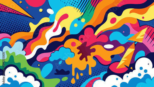 Vibrant colorful illustration depicts abstract shapes and dynamic patterns in a lively scene with swirling clouds and splashes of color moving rapidly everywhere