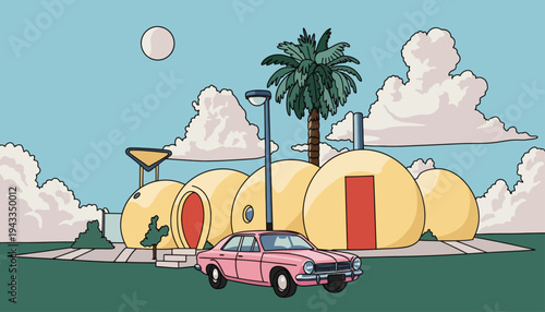 A futuristic pink car is parked in front of a retro-style yellow building with a palm tree and streetlight on a sunny day with clouds.