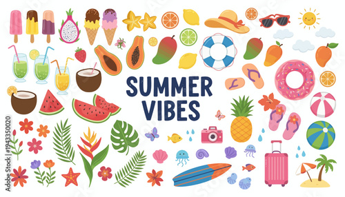 Summer vibes with colorful icons of food, travel, and leisure activities displayed
