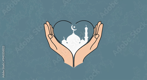 Hands forming heart around mosque symbolizing love and charity