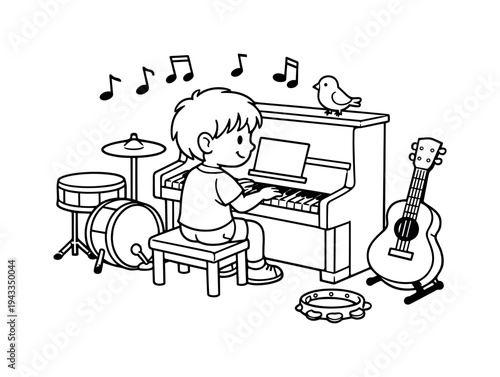 Child's Musical Adventure. Child playing a piano at a music school, other instruments like a drum and guitar around, a small bird