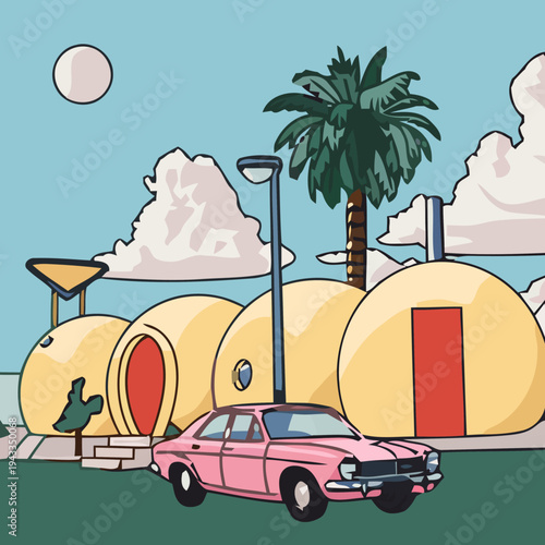 A pink car is parked in front of a cluster of yellow dome houses with a palm tree nearby on a sunny day with a full moon.