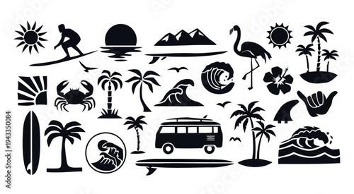 A vibrant beach scene with a surfer, palm trees, flamingo, and van driving along the shore.