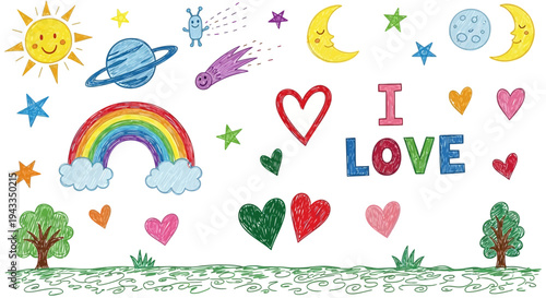 Vibrant illustration of children expressing love with colorful hearts, rainbow, and celestial objects in a whimsical outdoor setting with trees.