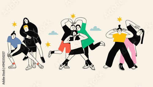 People dancing together outdoors with dynamic movements and colorful outfits