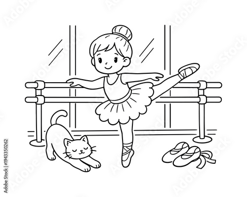 Ballerina practicing in a cozy dance studio, mirrors and ballet barres around, a cat stretching beside her, black and white line