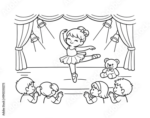 Ballerina performing on a theater stage with friends clapping in the audience, curtains and spotlights above, a teddy bear