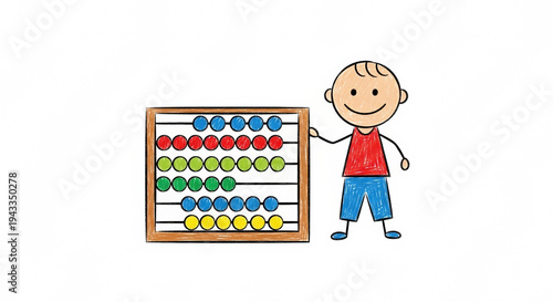 Young boy smiling while standing by a colorful math abacus  