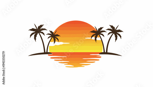 A serene tropical sunset scene with palm trees reflected in calm water on a peaceful island
