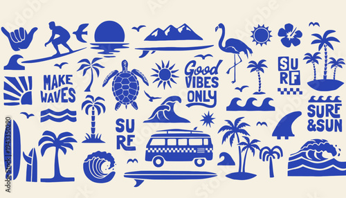 A serene beach scene with various illustrations of tropical icons and surfing symbols, featuring a van and palm trees, surrounded by good vibes and sunny weather.