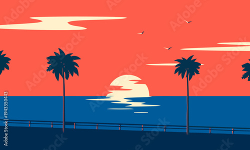 A serene beach scene at sunset with palm trees, ocean waves, and a vibrant orange sky.
