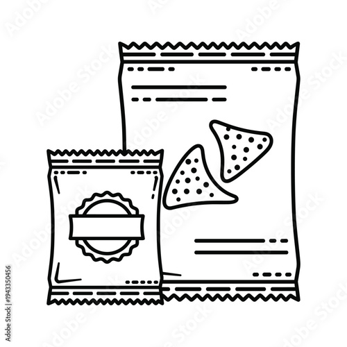 Two Snack Bags with Tortilla Chips Icon, Black and White Line Art