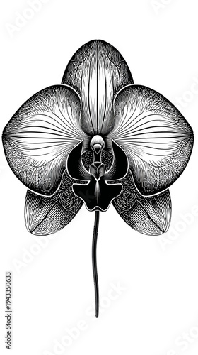 Elegant black and white orchid flower illustration with detailed lines