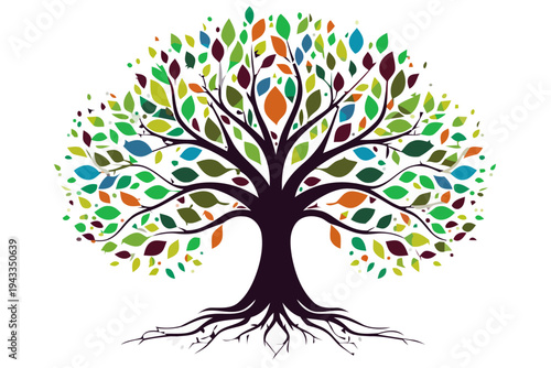 Vibrant tree with colorful leaves grows strong roots in nature