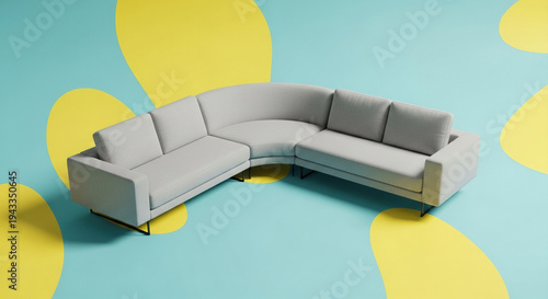 Sectional sofa with curved corner piece on colorful backdrop  