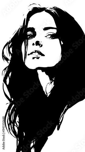 Womans portrait in monochrome artistic illustration with dark hair
