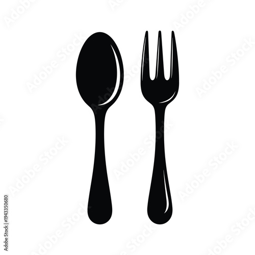 Black silhouette of a spoon and fork on a white background, simple icon