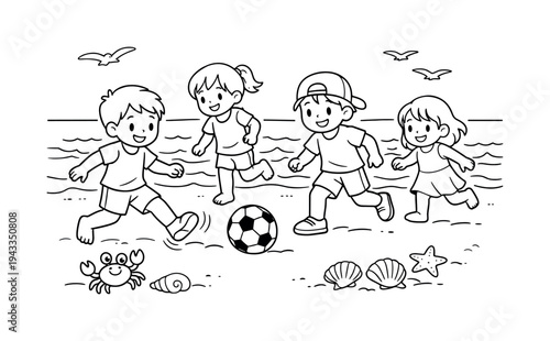 Soccer game at a beach with kids kicking a ball on the sand, seashells and a small crab nearby, waves and birds in the background