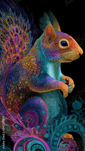 Vibrant fantasy squirrel illustration with abstract feathered details