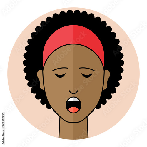 Black women flat avatar icon representing fatigue, boredom, burnout, or lack of sleep. Isolated head of a female character with black hair on a round background.