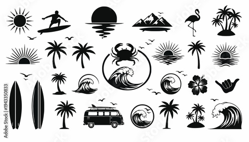 Black icons of surfers, palm trees, waves, and tropical scenery on white