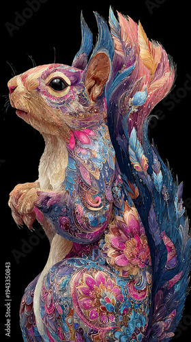Artistic squirrel with ornate colorful feathers against black background