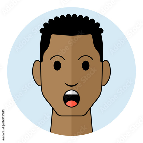 Black man face avatar with surprised eyes and open mouth in circular frame. Male character portrait for shock emotion, amazement, wow reaction, and vocal assistant icon.