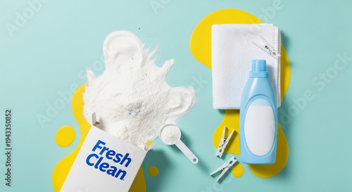 Laundry detergent and cleaning supplies on colorful background  