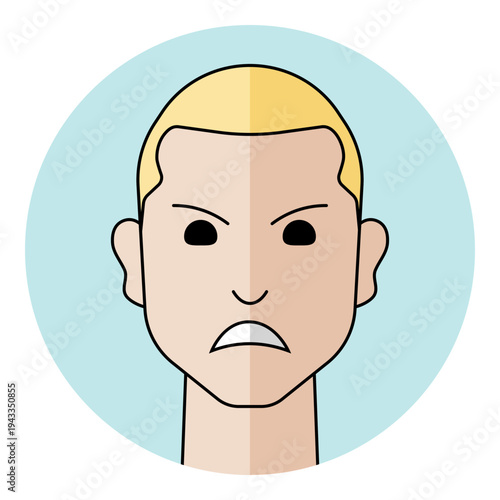 Angry man avatar portrait icon with frustrated face and frowning mouth expression in flat style. Male character portrait with blond hair for mad emotion, bad mood.