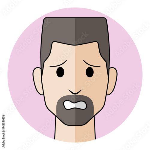 Man face avatar with anxious eyes and worried mouth expression in flat style. Male character portrait for confused emotion, fear, security risk, nervous support, icon