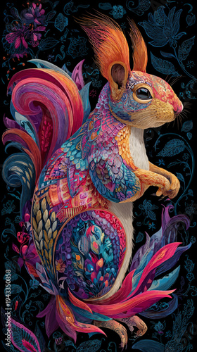 Vibrant squirrel illustration with colorful fur and floral background