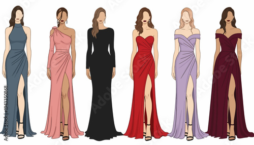 Six fashionably dressed women in various colorful evening gowns standing saksh