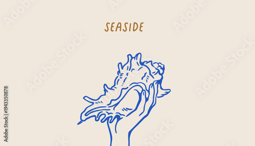 Person holding seashell at serene seaside location with calm waves